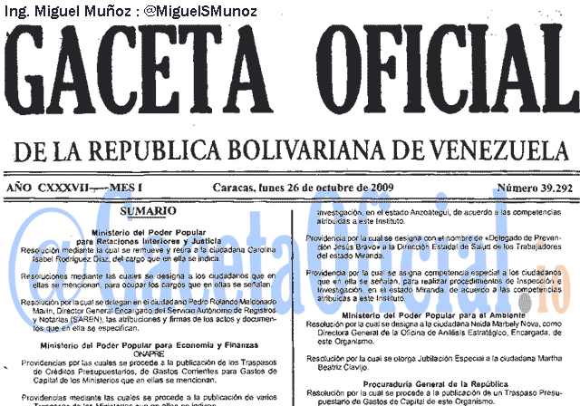 Gaceta Oficial 39292 del 26 Octubre 2009