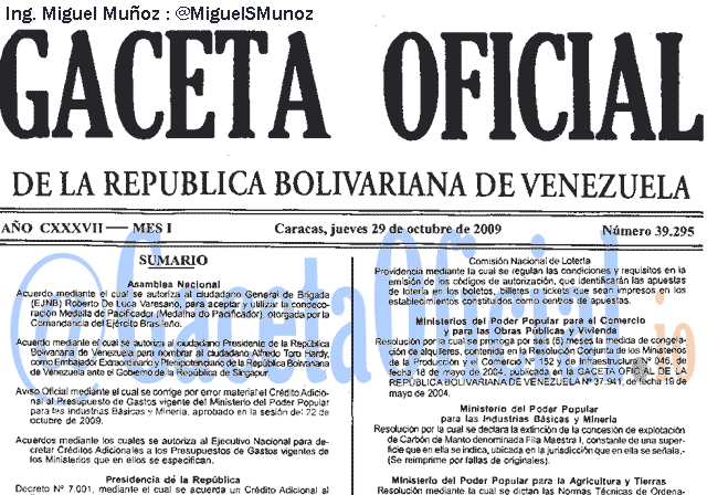 Gaceta Oficial 39295 del 29 Octubre 2009