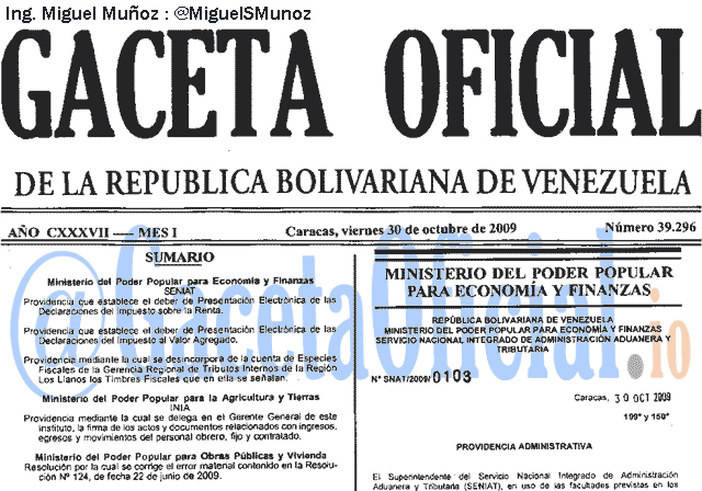 Gaceta Oficial 39296 del 30 Octubre 2009
