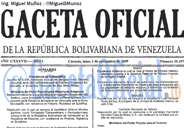 Gaceta Oficial 39297 del 2 Noviembre 2009