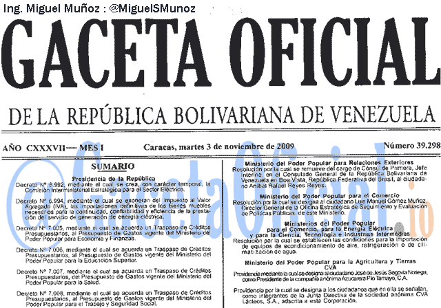 Gaceta Oficial 39298 del 3 Noviembre 2009