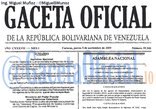 Gaceta Oficial 39300 del 5 Noviembre 2009