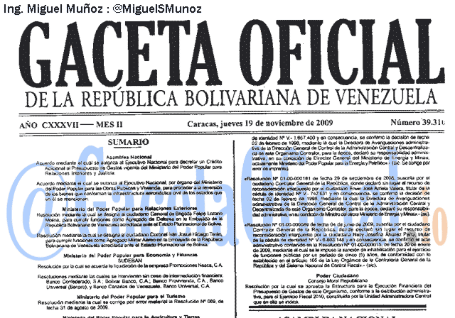 Gaceta Oficial 39310 del 19 Noviembre 2009
