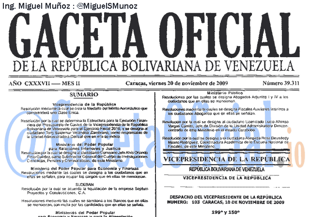 Gaceta Oficial 39311 del 20 Noviembre 2009