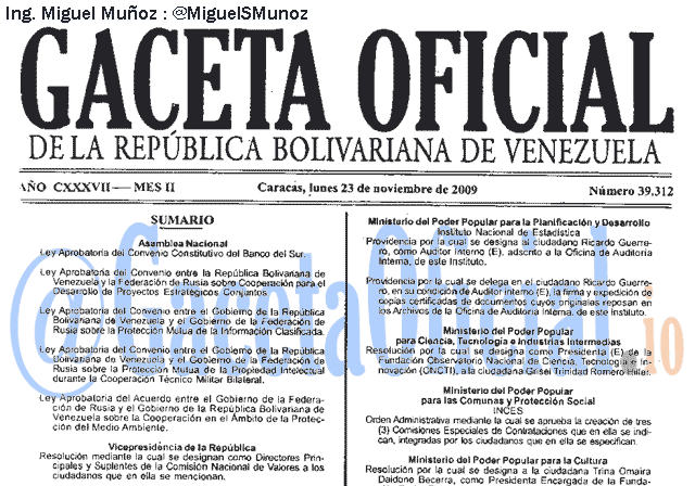 Gaceta Oficial 39312 del 23 Noviembre 2009