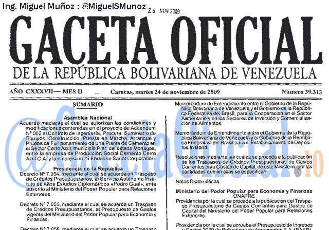 Gaceta Oficial 39313 del 24 Noviembre 2009