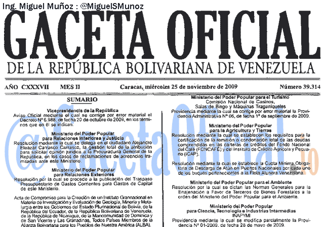 Gaceta Oficial 39314 del 25 Noviembre 2009
