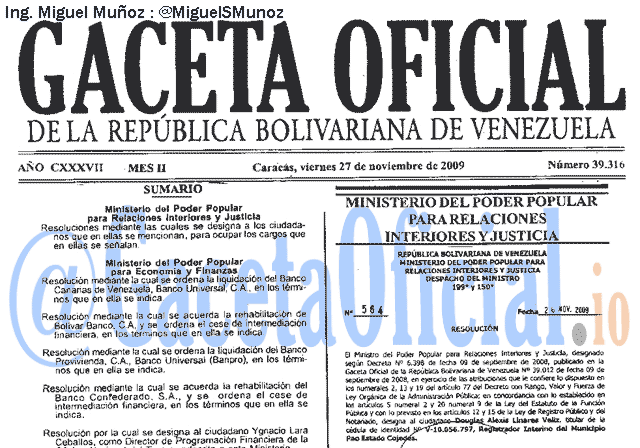 Gaceta Oficial 39316 del 27 Noviembre 2009