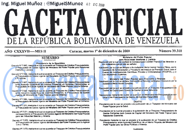 Gaceta Oficial 39318 del 1 Diciembre 2009