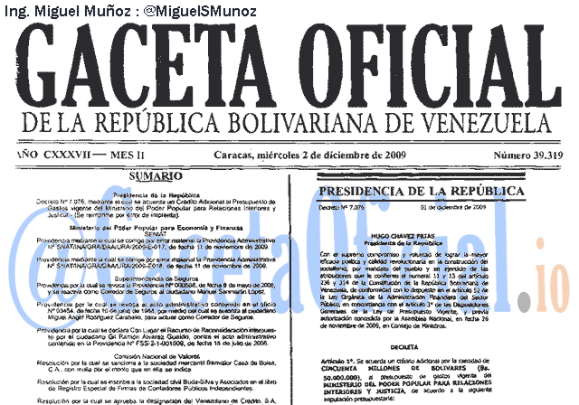 Gaceta Oficial 39319 del 2 Diciembre 2009