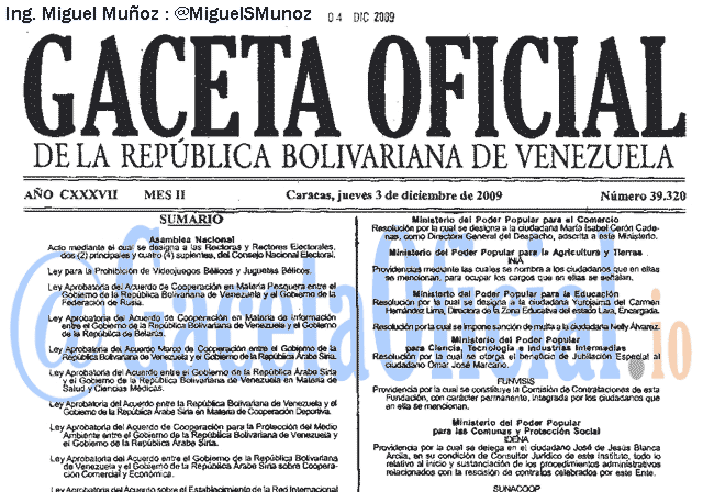 Gaceta Oficial 39320 del 3 Diciembre 2009