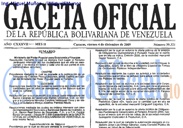 Gaceta Oficial 39321 del 4 Diciembre 2009