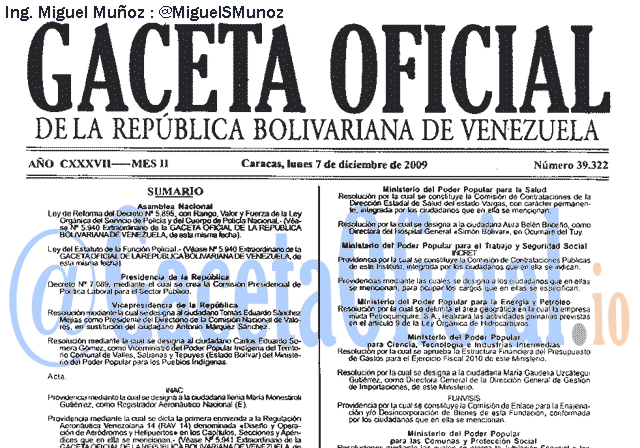 Gaceta Oficial 39322 del 7 Diciembre 2009
