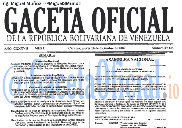 Gaceta Oficial 39325 del 10 Diciembre 2009