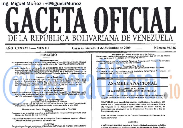 Gaceta Oficial 39326 del 11 Diciembre 2009