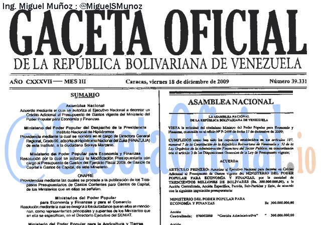 Gaceta Oficial 39331 del 18 Diciembre 2009