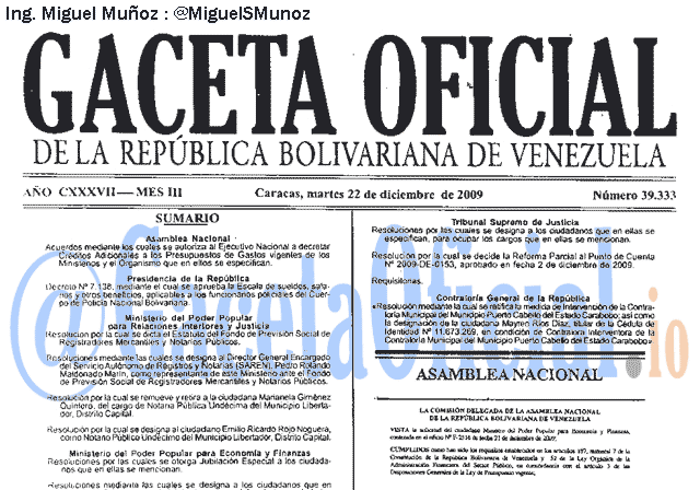 Gaceta Oficial 39333 del 22 Diciembre 2009