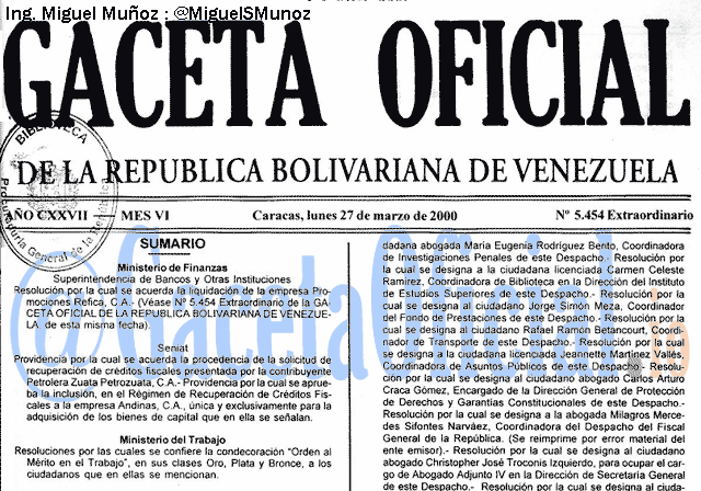 Gaceta Oficial 5454 del 27 Marzo 2000