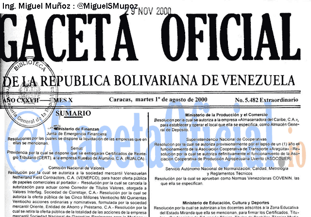 Gaceta Oficial 5482 del 1 Agosto 2000