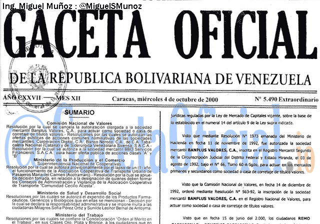 Gaceta Oficial 5490 del 4 Octubre 2000