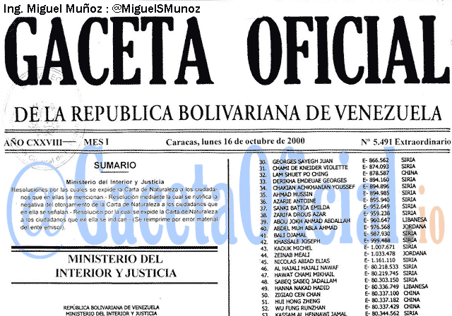 Gaceta Oficial 5491 del 16 Octubre 2000