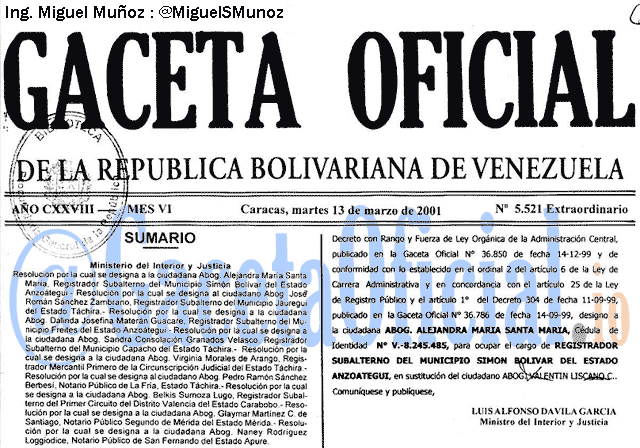 Gaceta Oficial 5521 del 13 Marzo 2001