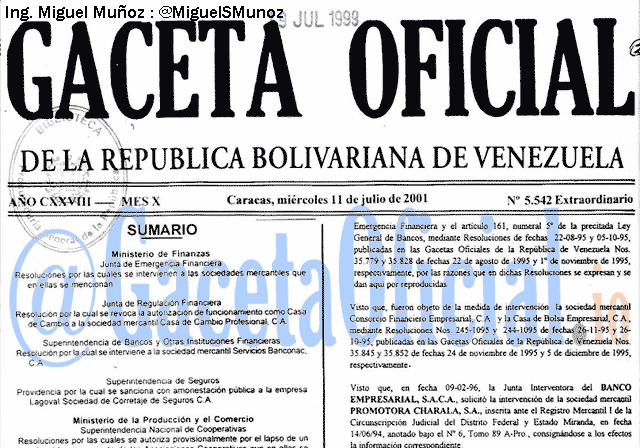 Gaceta Oficial 5542 del 11 Julio 2001