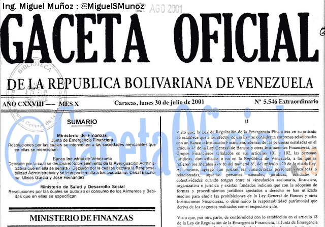 Gaceta Oficial 5546 del 30 Julio 2001