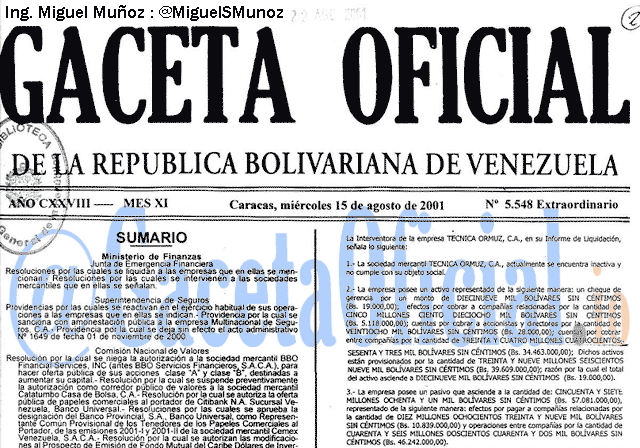 Gaceta Oficial 5548 del 15 Agosto 2001