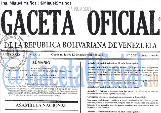 Gaceta Oficial 5552 del 12 Noviembre 2001