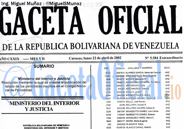 Gaceta Oficial 5584 del 22 Abril 2002