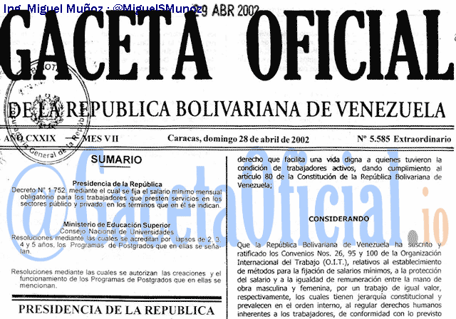 Gaceta Oficial 5585 del 28 Abril 2002