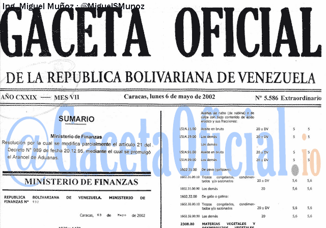 Gaceta Oficial 5586 del 6 Mayo 2002