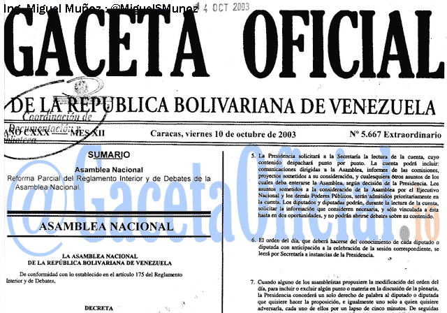 Gaceta Oficial 5667 del 10 Octubre 2003