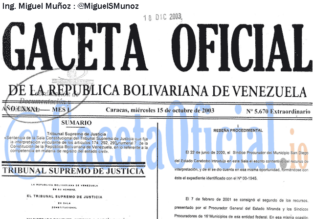Gaceta Oficial 5670 del 15 Octubre 2003