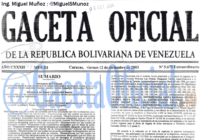 Gaceta Oficial 5675 del 12 Diciembre 2003