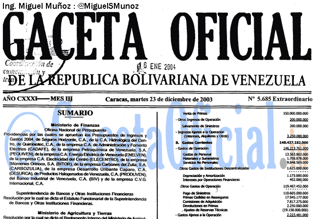 Gaceta Oficial 5685 del 23 Diciembre 2003