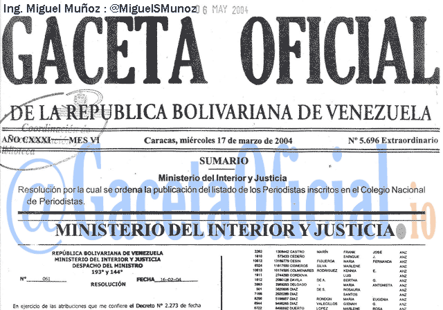 Gaceta Oficial 5696 del 17 Marzo 2004