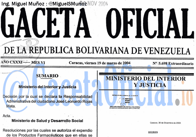 Gaceta Oficial 5698 del 19 Marzo 2004