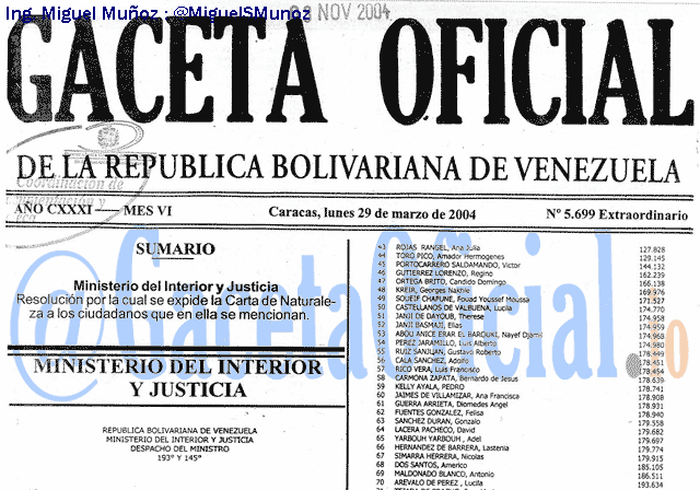 Gaceta Oficial 5699 del 29 Marzo 2004