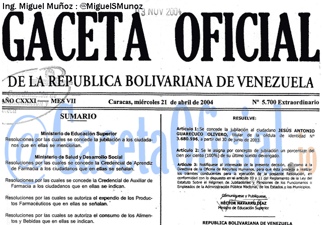 Gaceta Oficial 5700 del 21 Abril 2004