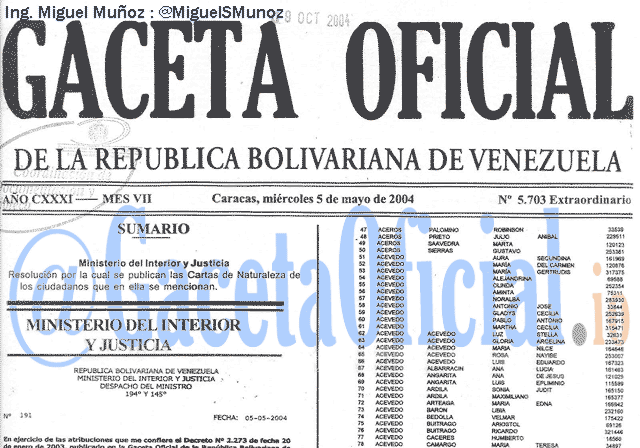 Gaceta Oficial 5703 del 5 Mayo 2004