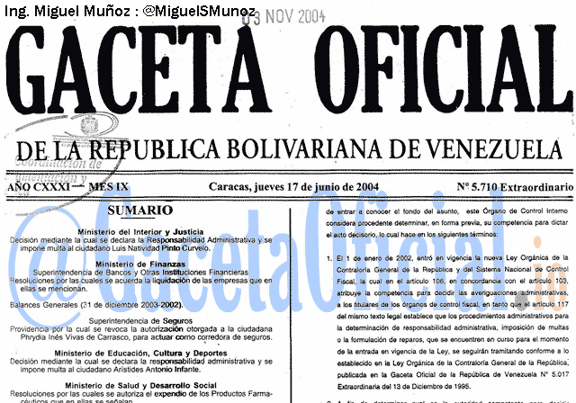 Gaceta Oficial 5710 del 17 Junio 2004
