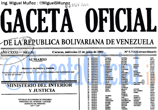 Gaceta Oficial 5714 del 23 Junio 2004