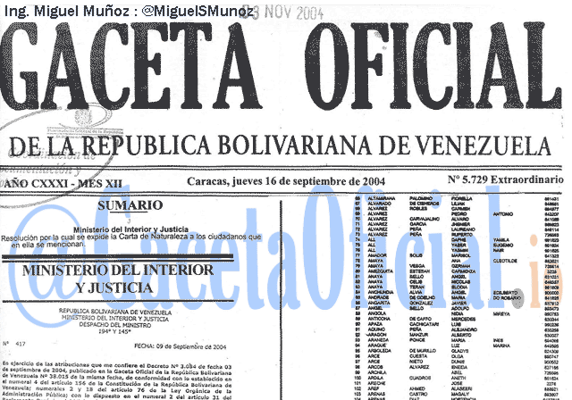 Gaceta Oficial 5729 del 16 Septiembre 2004