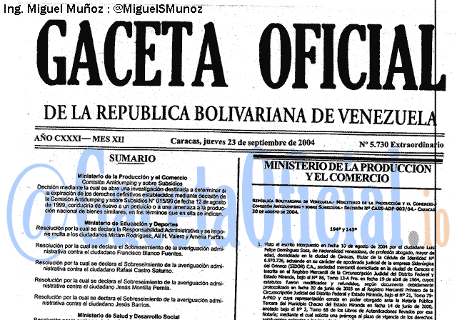 Gaceta Oficial 5730 del 23 Septiembre 2004