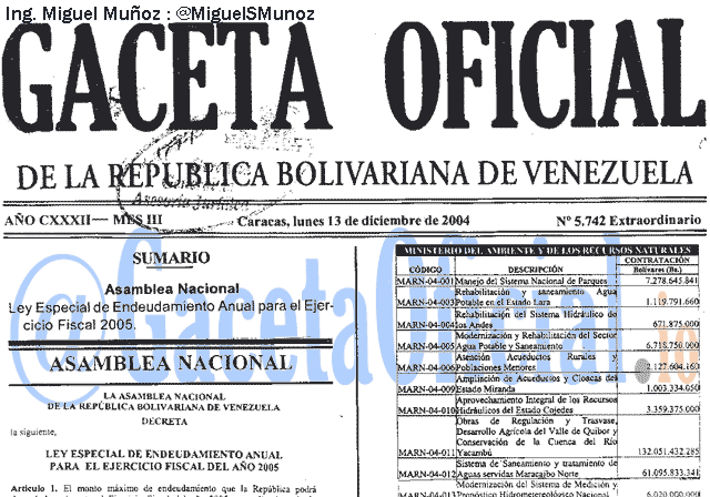 Gaceta Oficial 5742 del 13 Diciembre 2004