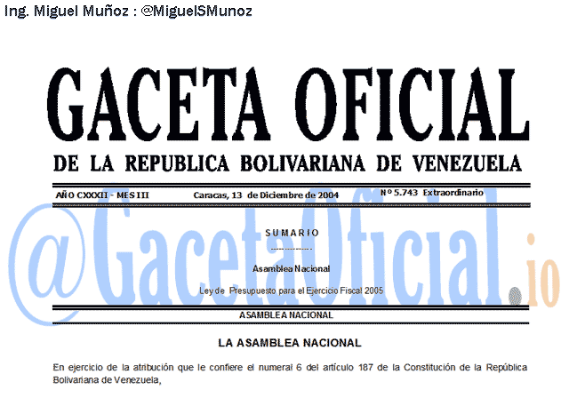 Gaceta Oficial 5743 del 13 Diciembre 2004