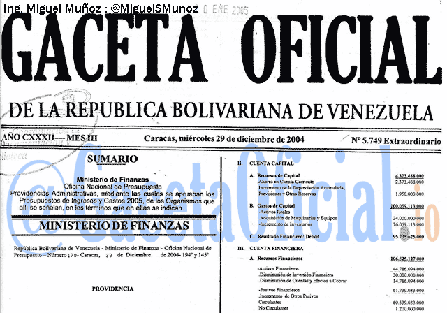 Gaceta Oficial 5749 del 29 Diciembre 2004
