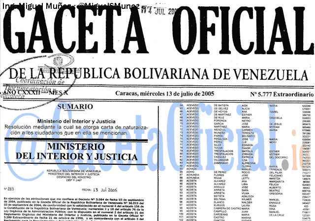 Gaceta Oficial 5777 del 13 Julio 2005